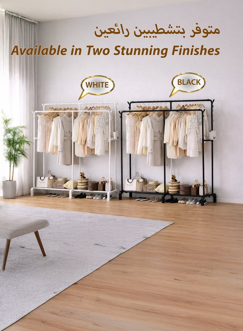 توشيونيكس رف ملابس مزدوج القضبان شديد التحمل، رف تجفيف ملابس مزدوج الطبقات، منظم ملابس، خزانة مفتوحة مع قضبان تعليق من طبقتين ورف تخزين سفلي، أنابيب فولاذية قوية 19 مم، سعة تحميل كبيرة 70 كجم، يتميز بقضيبين أفقيين لتعليق الملابس، مناسب لغرفة الغسيل، الشرفة، غرفة النوم، الشراشف، الألحفة، البطانيات، المعاطف، التنانير، القمصان، القبعات، حامل سترات بطول 181 سم، أسود - Image 5